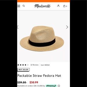 Madewell Packable Straw Fedora Hat, Size S/M